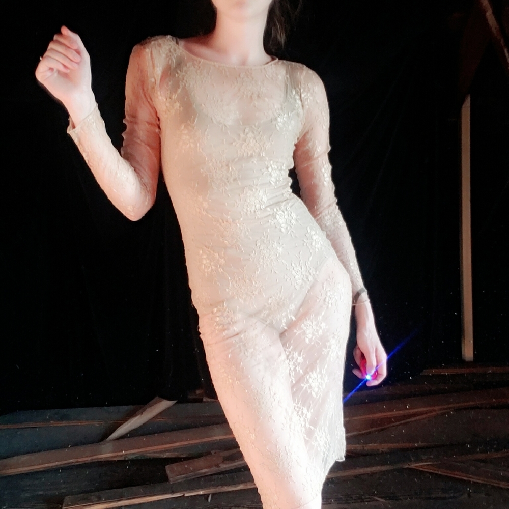 4/$20 Tan sheer lace long sleeve dress